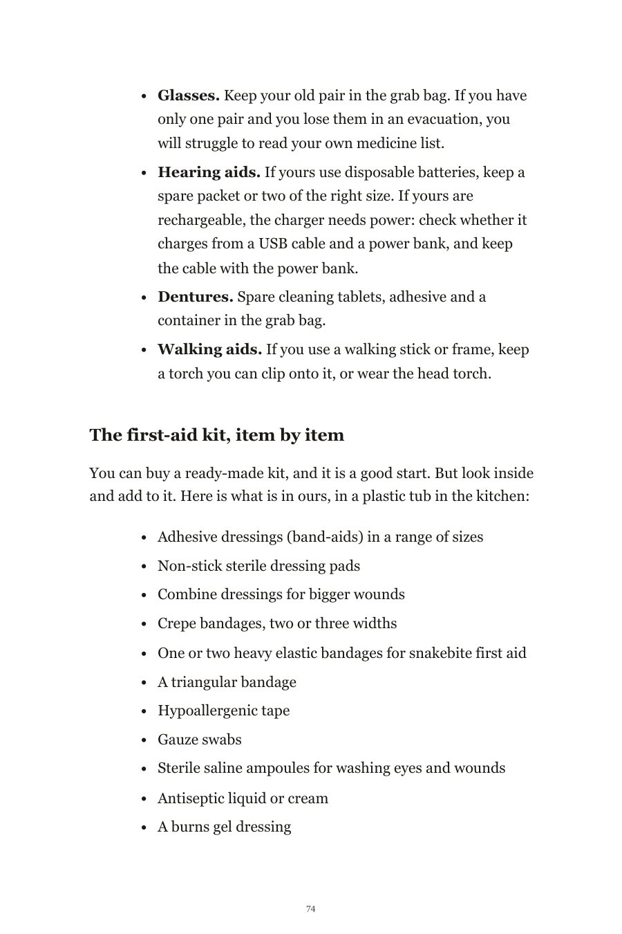 Book page: the first-aid kit item by item