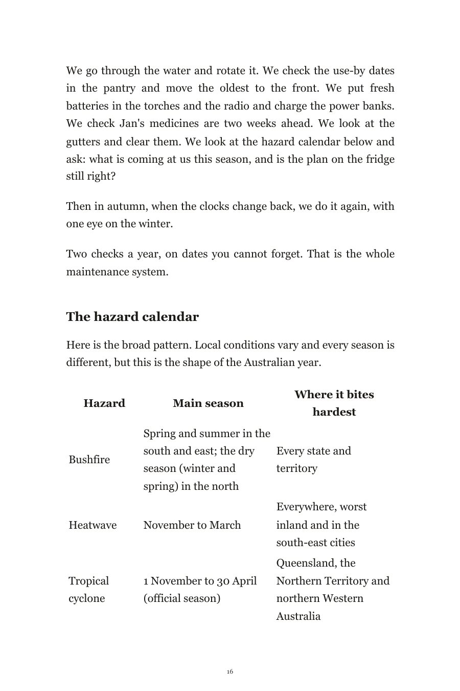 Book page: the hazard calendar, bushfire, heatwave and cyclone seasons