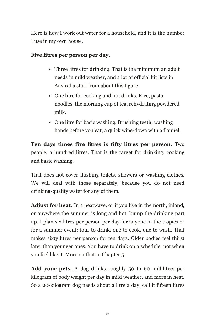 Book page: how much water, five litres per person per day